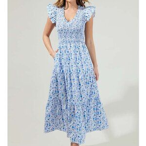 Sugarlips Blue White Floral Midi Dress Ruffle Sleeve Smocked Waist